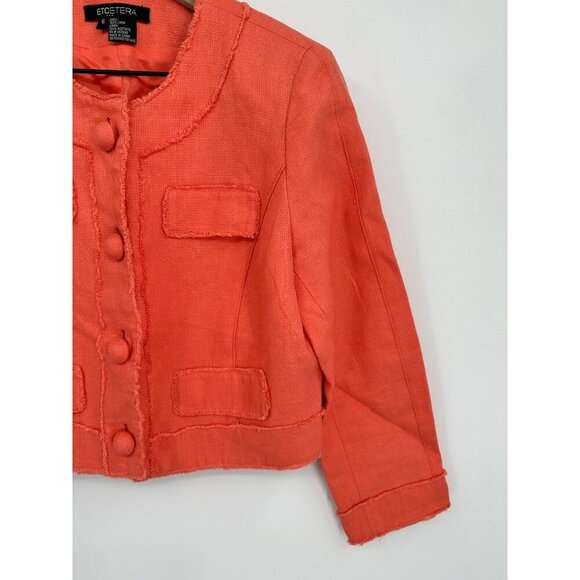 Etcetera Linen Blazer Women 6 Cropped Peach Button Front Frayed Seams Long Sleev - Picture 3 of 10